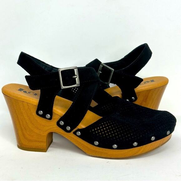 KORKS Wooden Heeled Closed Toed Perforated Strappy Sandals - BLACK - Picture 1 of 15